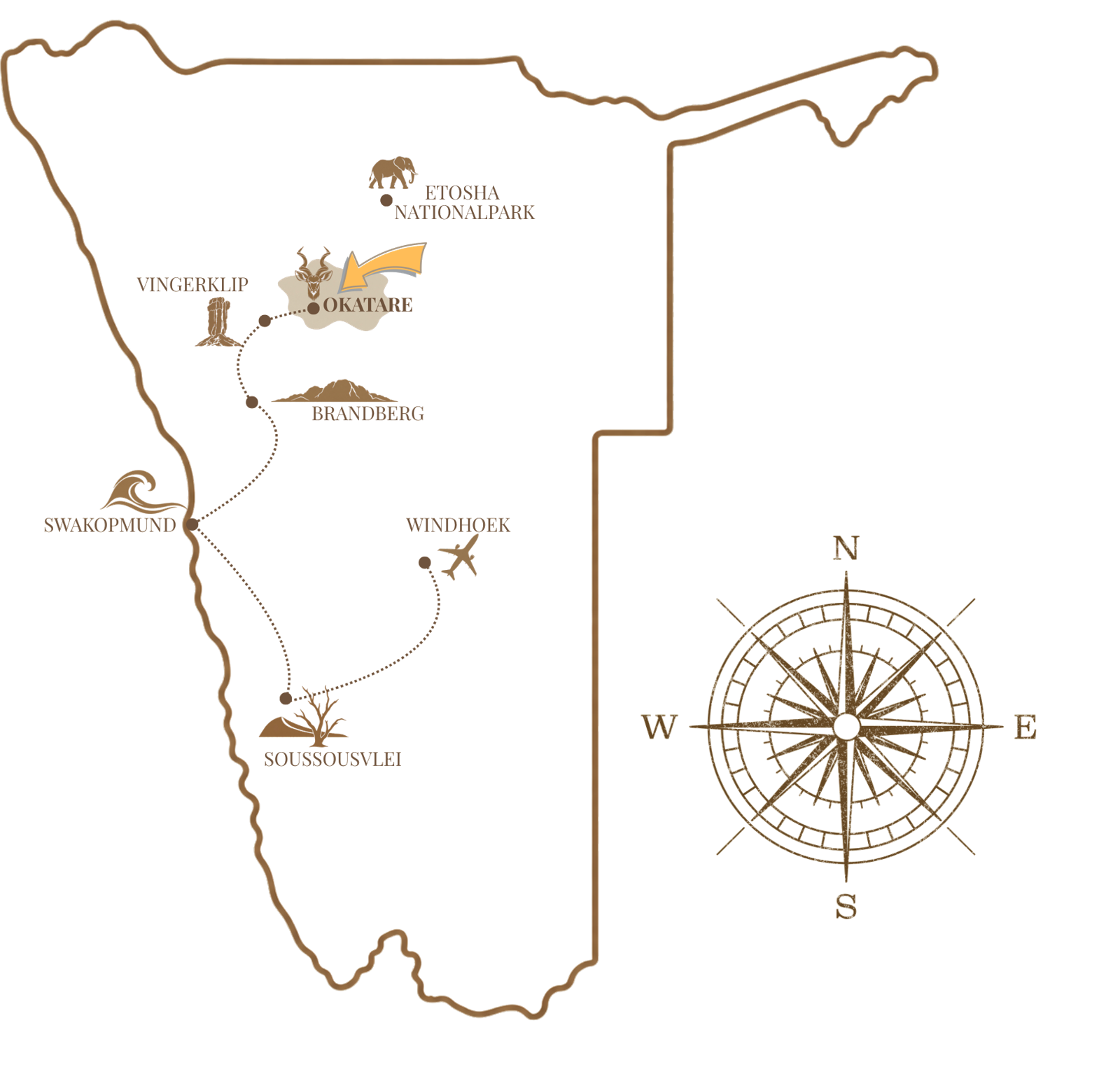 Karte von Namibia mit der Lage von Okatare im Damaraland und einer Rundreise über Vingerklip, Brandberg, Swakopmund, Sossusvlei und Windhoek